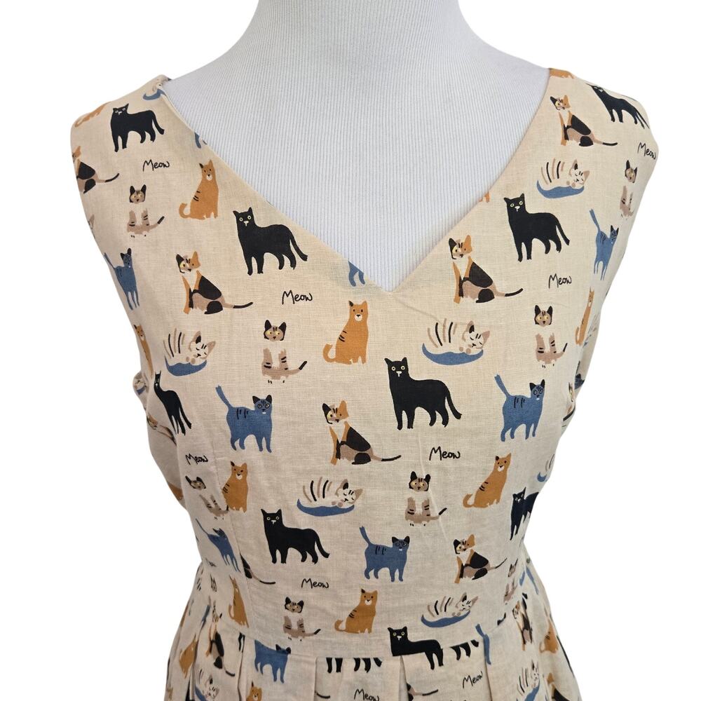 Retro Twee Cat Print Dress Linen Blend SM Wardrobe Pleated Novelty Women Medium